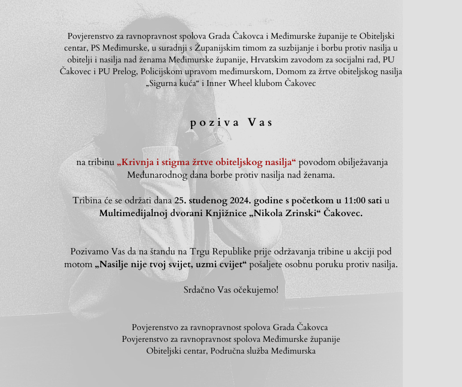 Poziv na tribinu ''Krivnja i stigma žrtve obiteljskog nasilja"